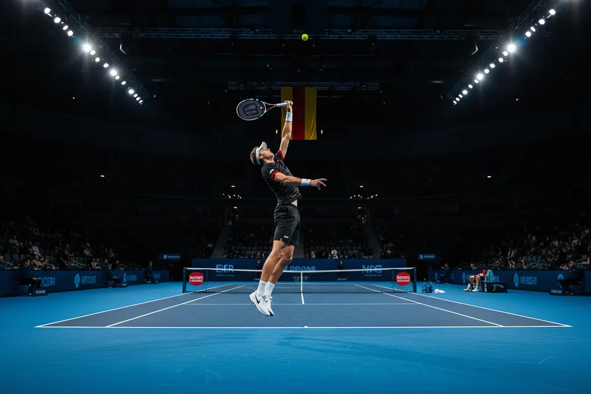 Jugador de tenis alemán sirviendo en una pista cubierta con bandera de Alemania