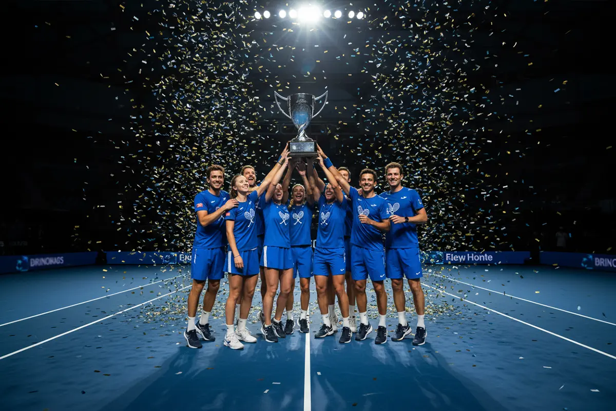 Equipo de tenis levantando el trofeo de la Copa Davis en celebración