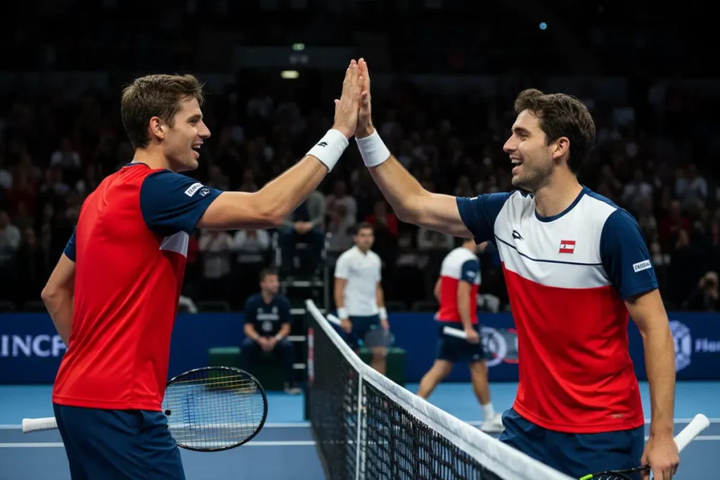 Pareja de dobles de tenis chocando las manos en la red durante un partido