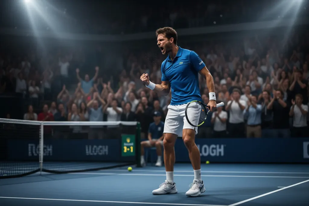 Jugador de tenis celebrando un punto decisivo con el público de fondo