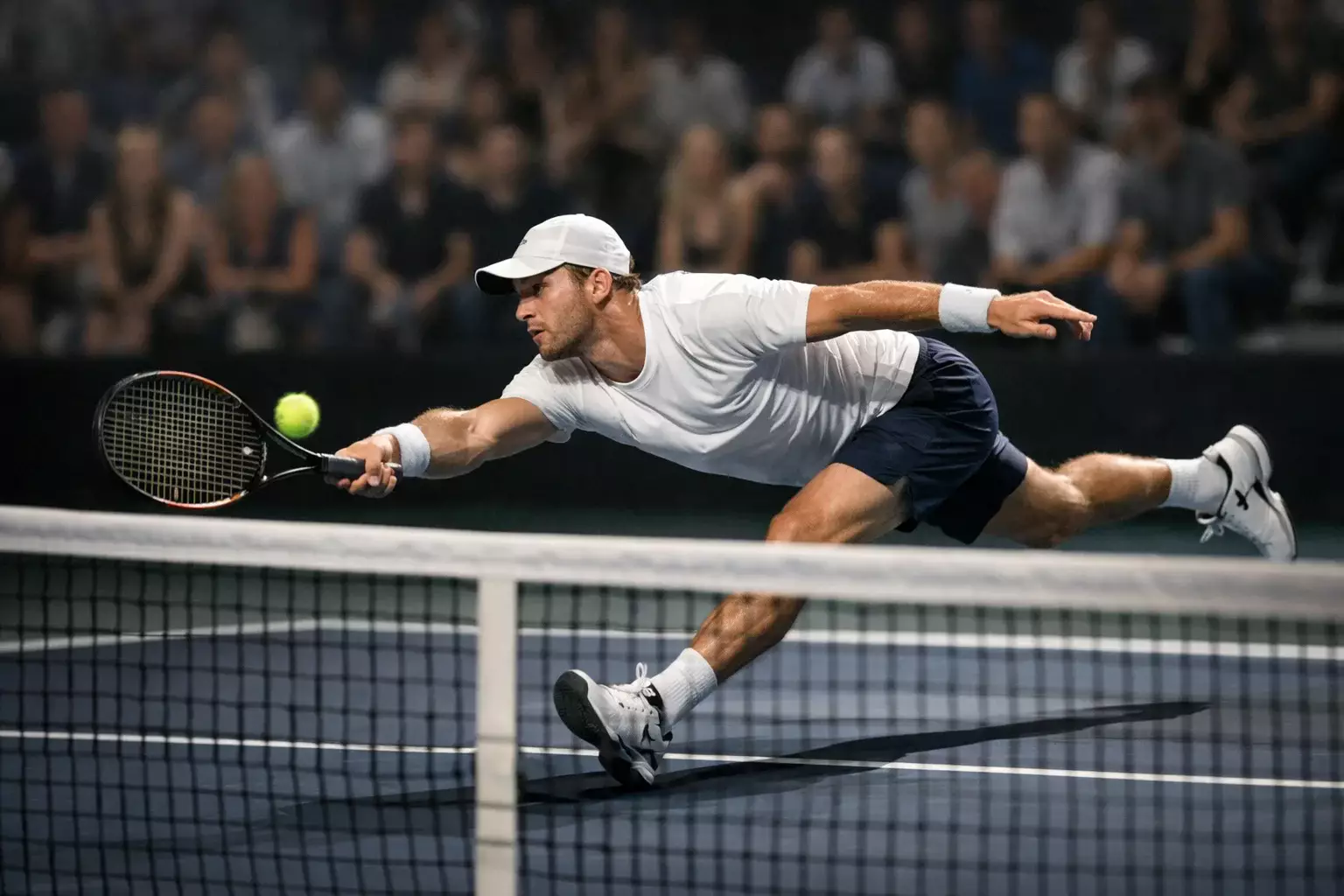Momento decisivo de punto en partido de Copa Davis con público expectante