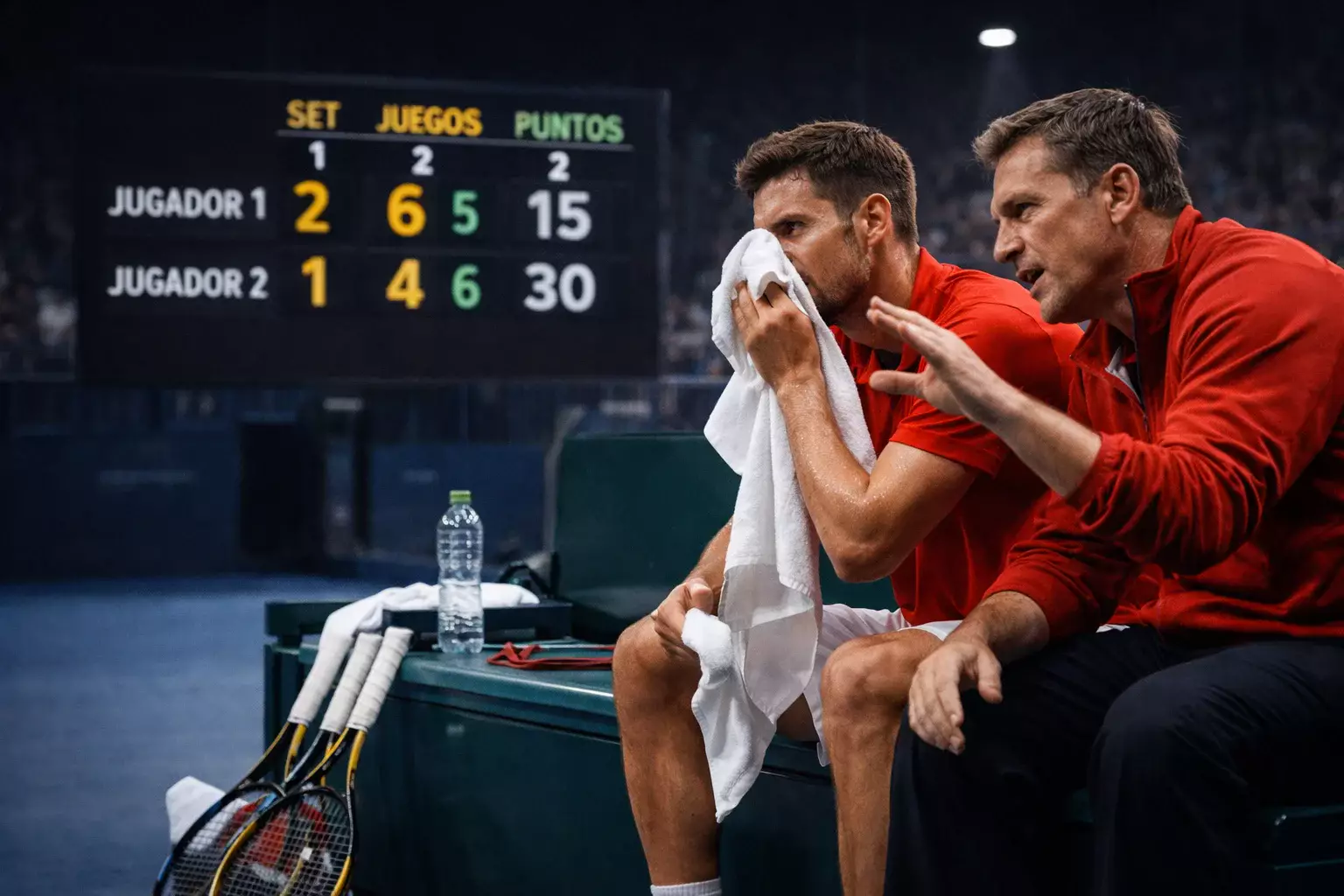 Tenista mirando marcador electrónico durante partido en vivo
