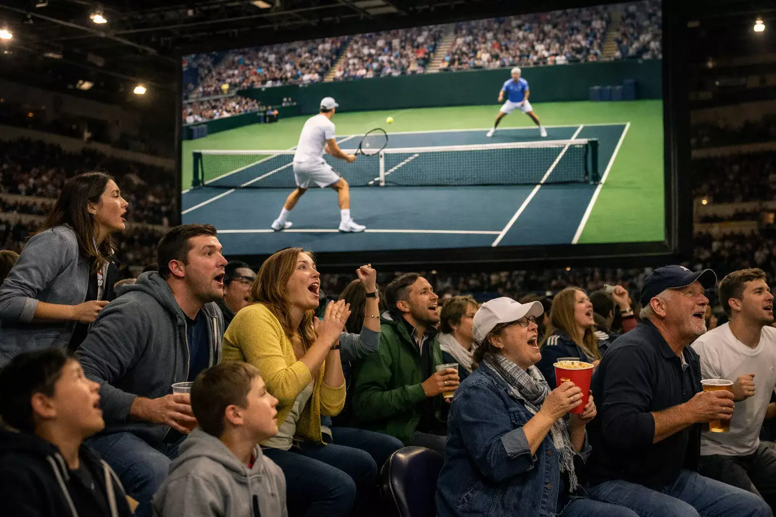 Aficionados viendo partido de tenis en pantalla grande del estadio