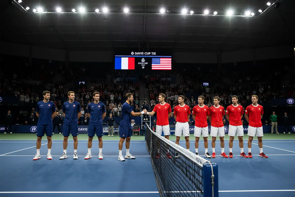 Dos equipos de tenis saludándose en la red antes de una eliminatoria de Copa Davis