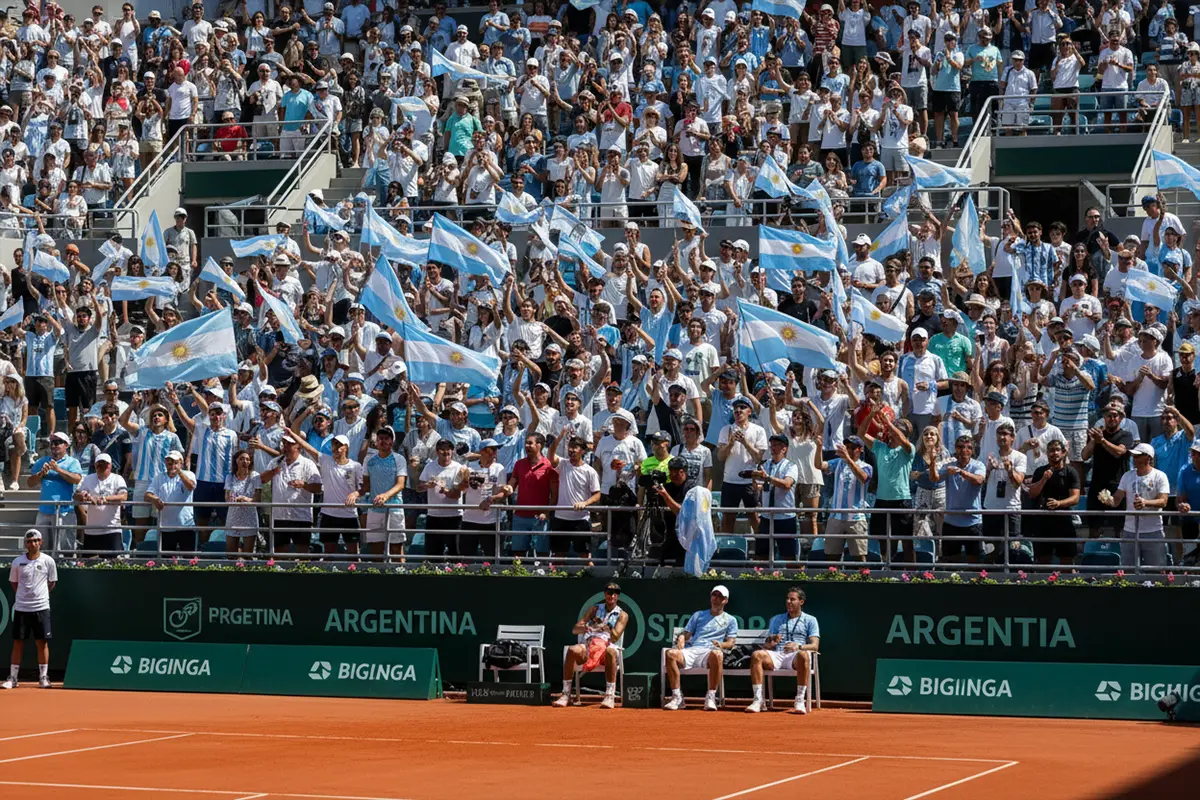 Público argentino animando con banderas albicelestes en un partido de Copa Davis sobre tierra batida