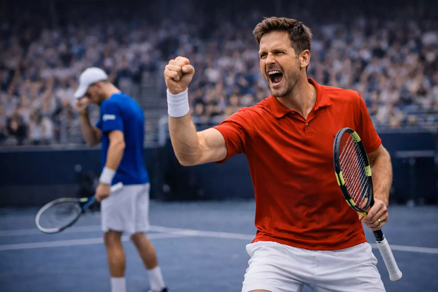 Tenista celebrando break de servicio con gesto de victoria