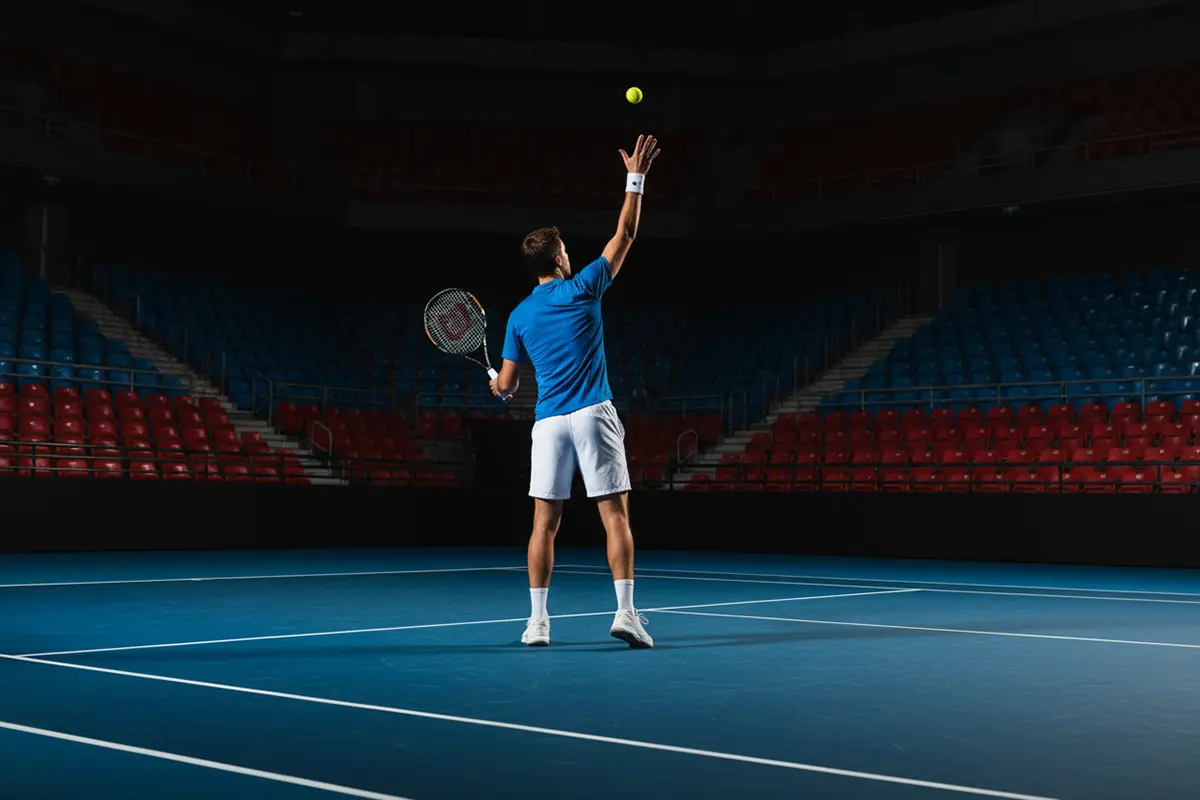 Jugador de tenis entrenando en una pista cubierta con planificación de temporada