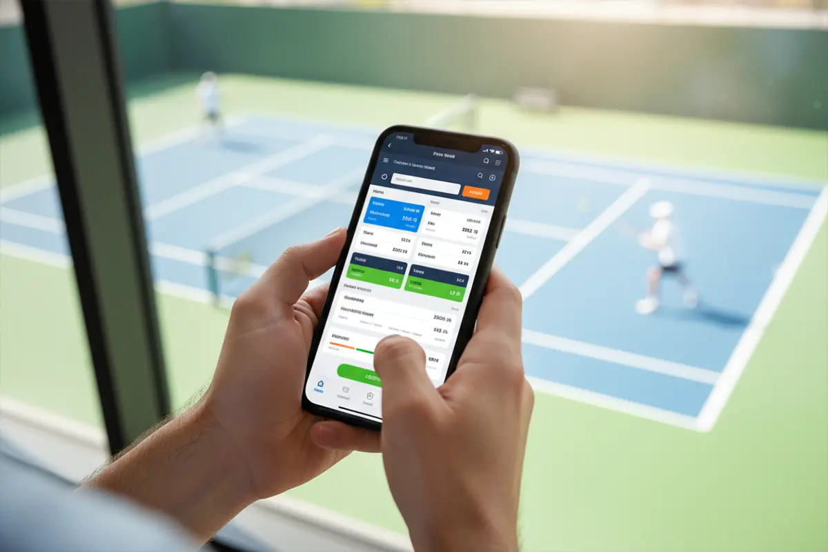 Persona usando un smartphone para ver apuestas de tenis con una pista al fondo