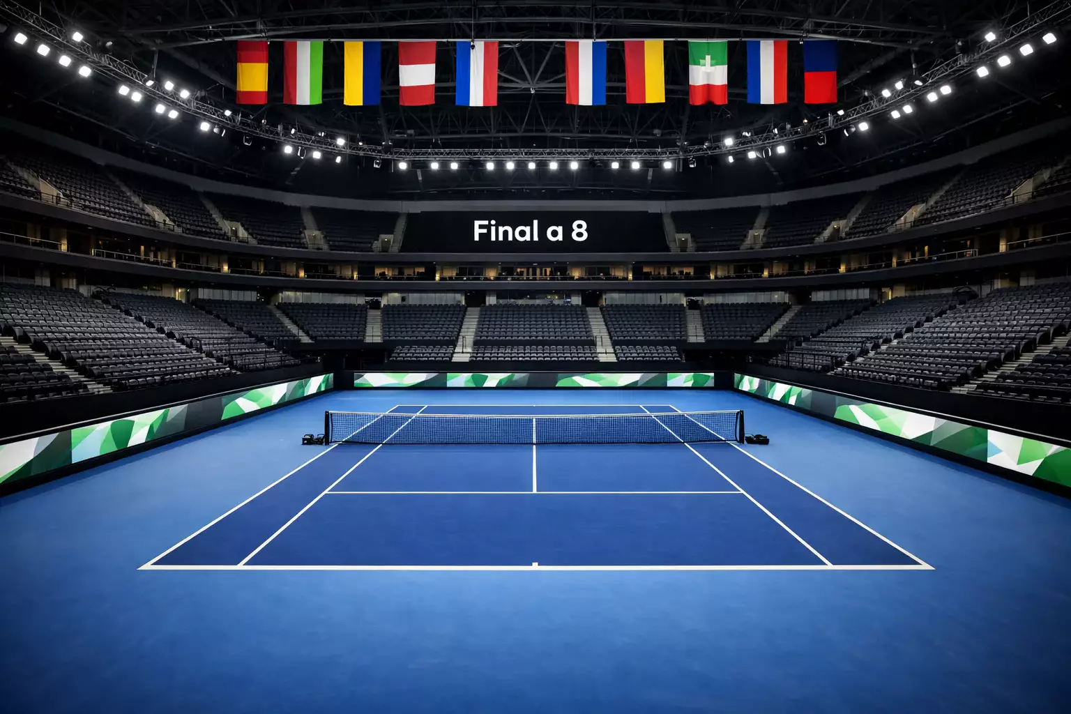 Estadio moderno de tenis preparado para Final a 8 de Copa Davis