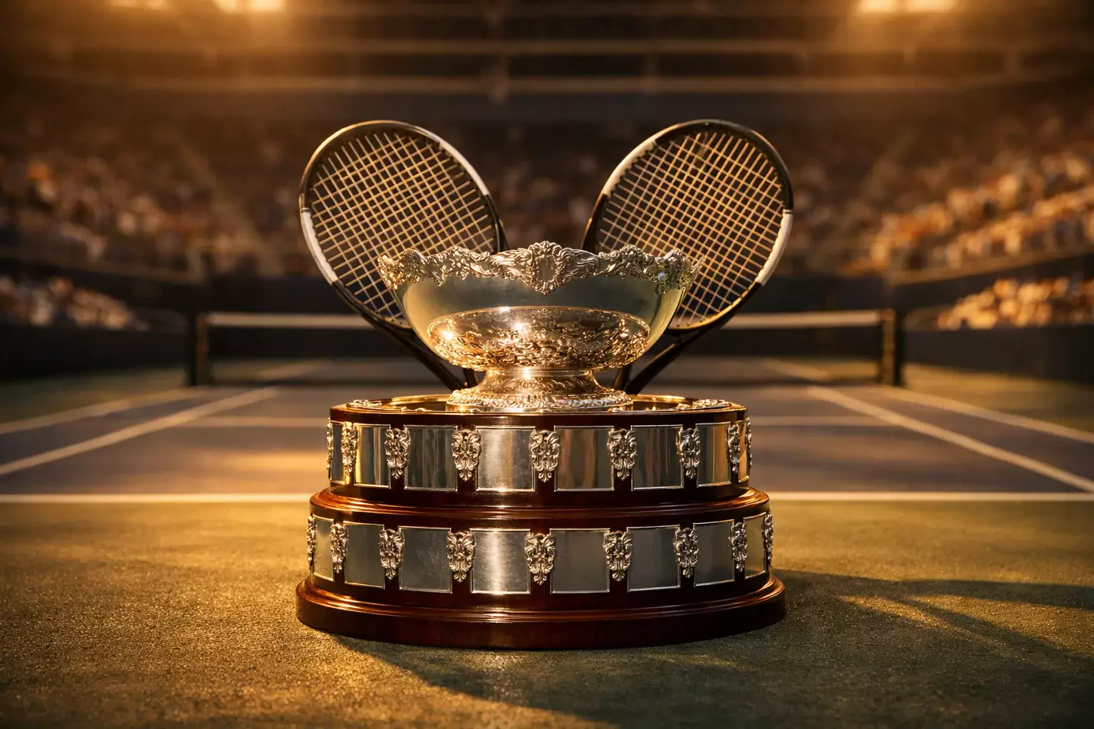 Trofeo Copa Davis con raquetas de tenis en pista profesional