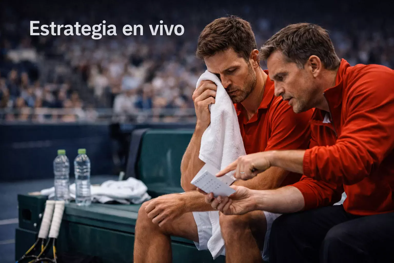 Capitán de tenis dando instrucciones a jugador en cambio de lado