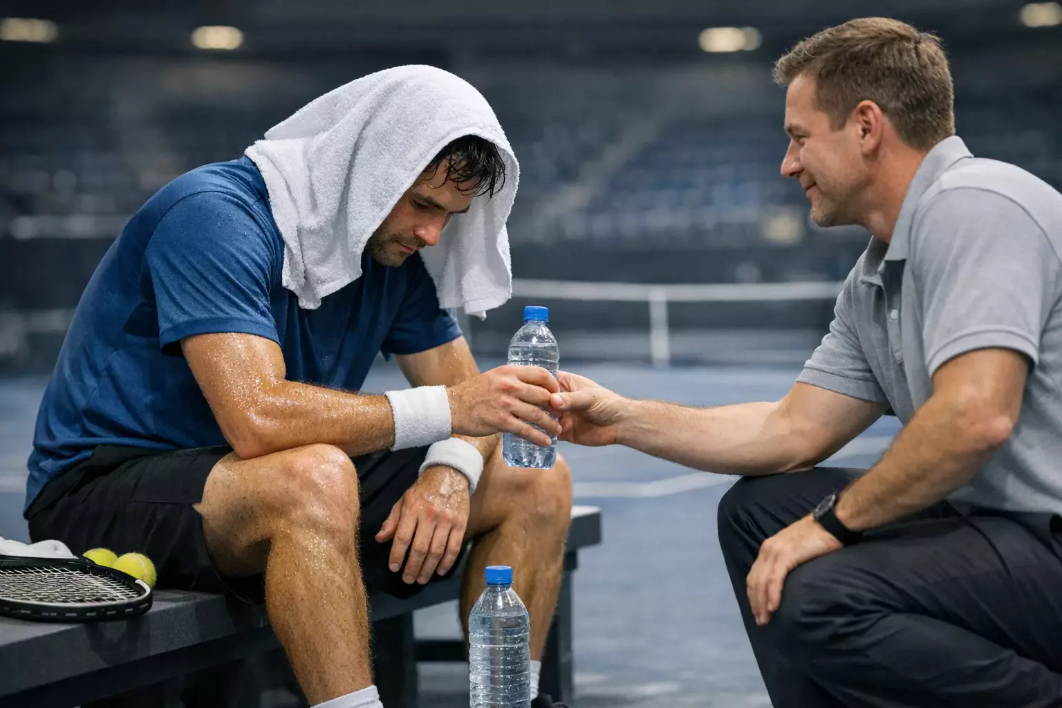 Tenista recuperándose después de partido agotador con toalla