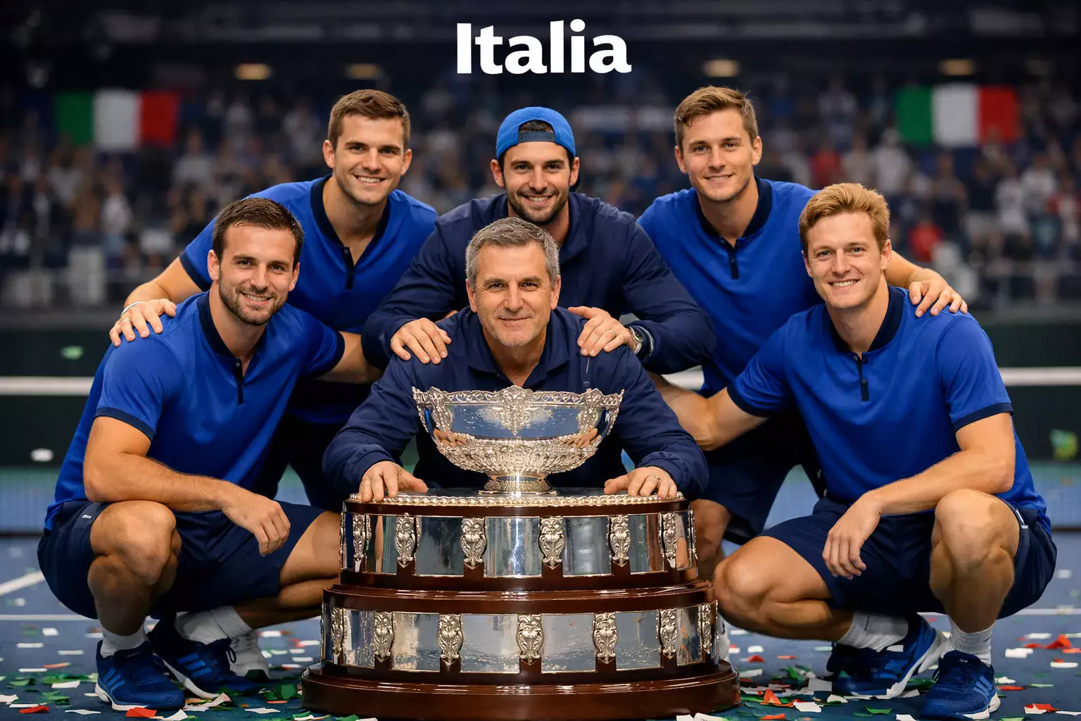 Equipo italiano de tenis posando con trofeo de campeones