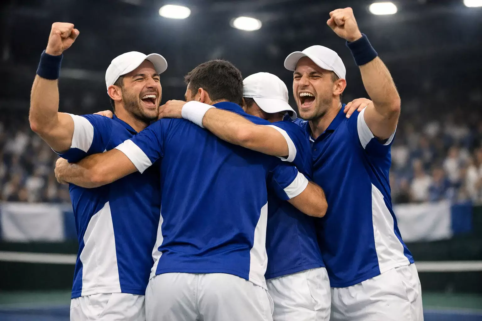 Equipo de tenis celebrando victoria en Copa Davis con banderas
