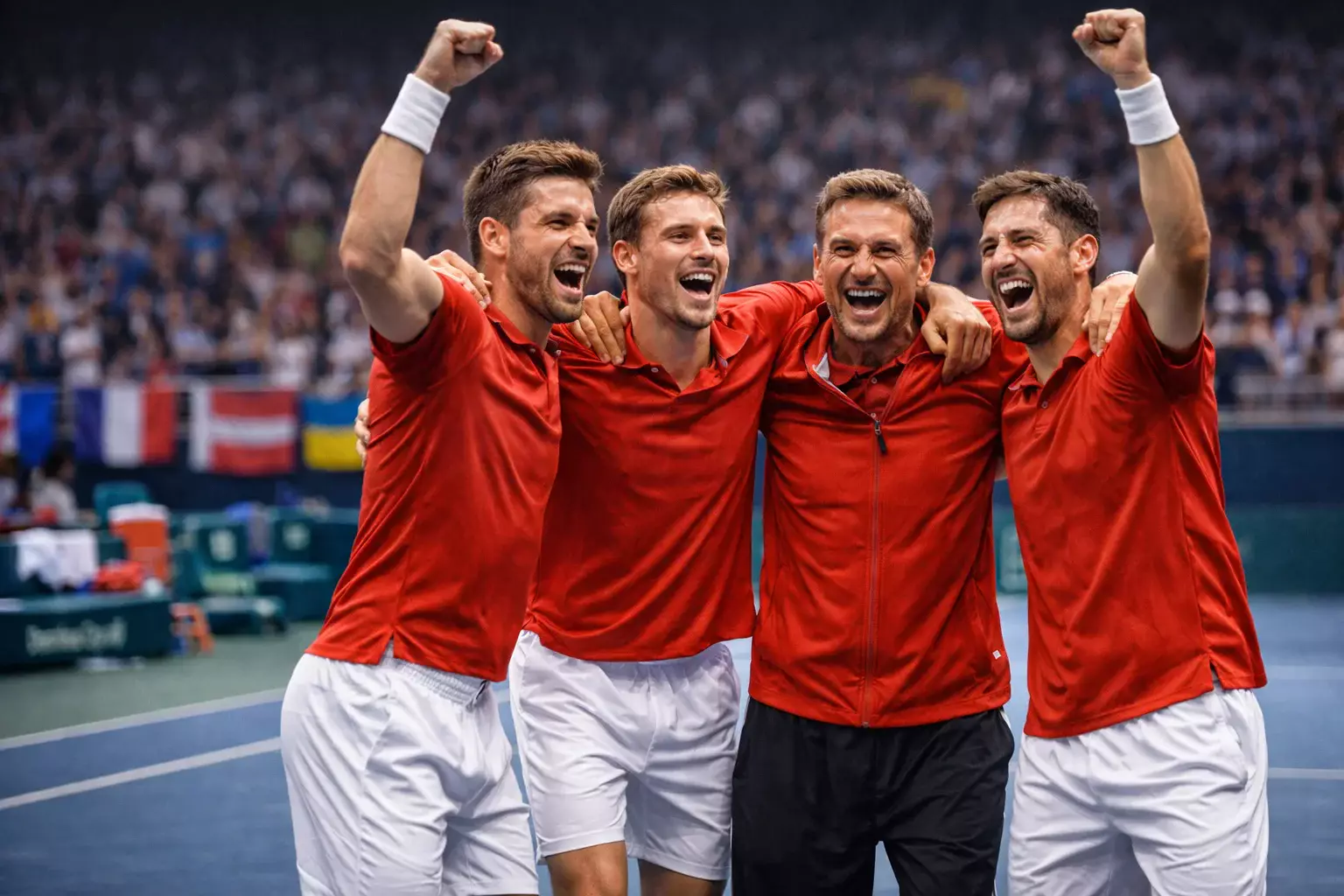 Equipo de tenis celebrando victoria en eliminatoria de Copa Davis