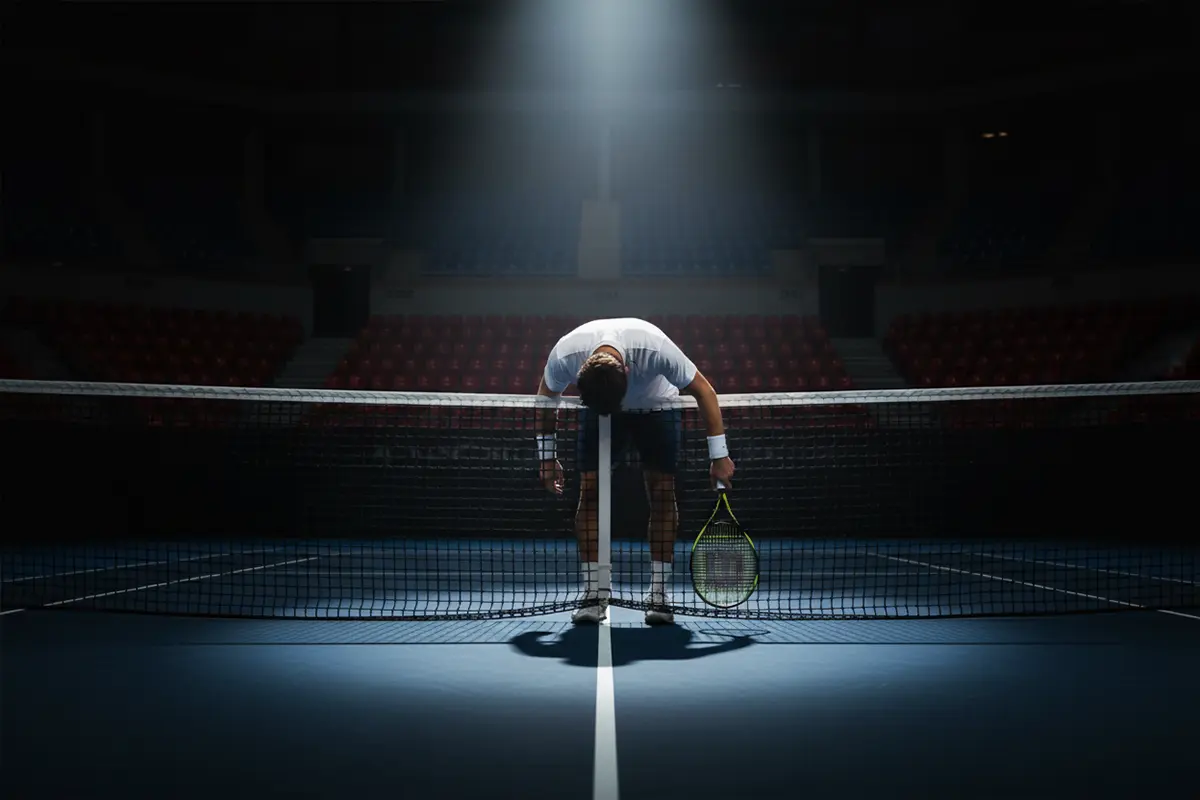 Jugador de tenis frustrado apoyado en la red tras perder un punto