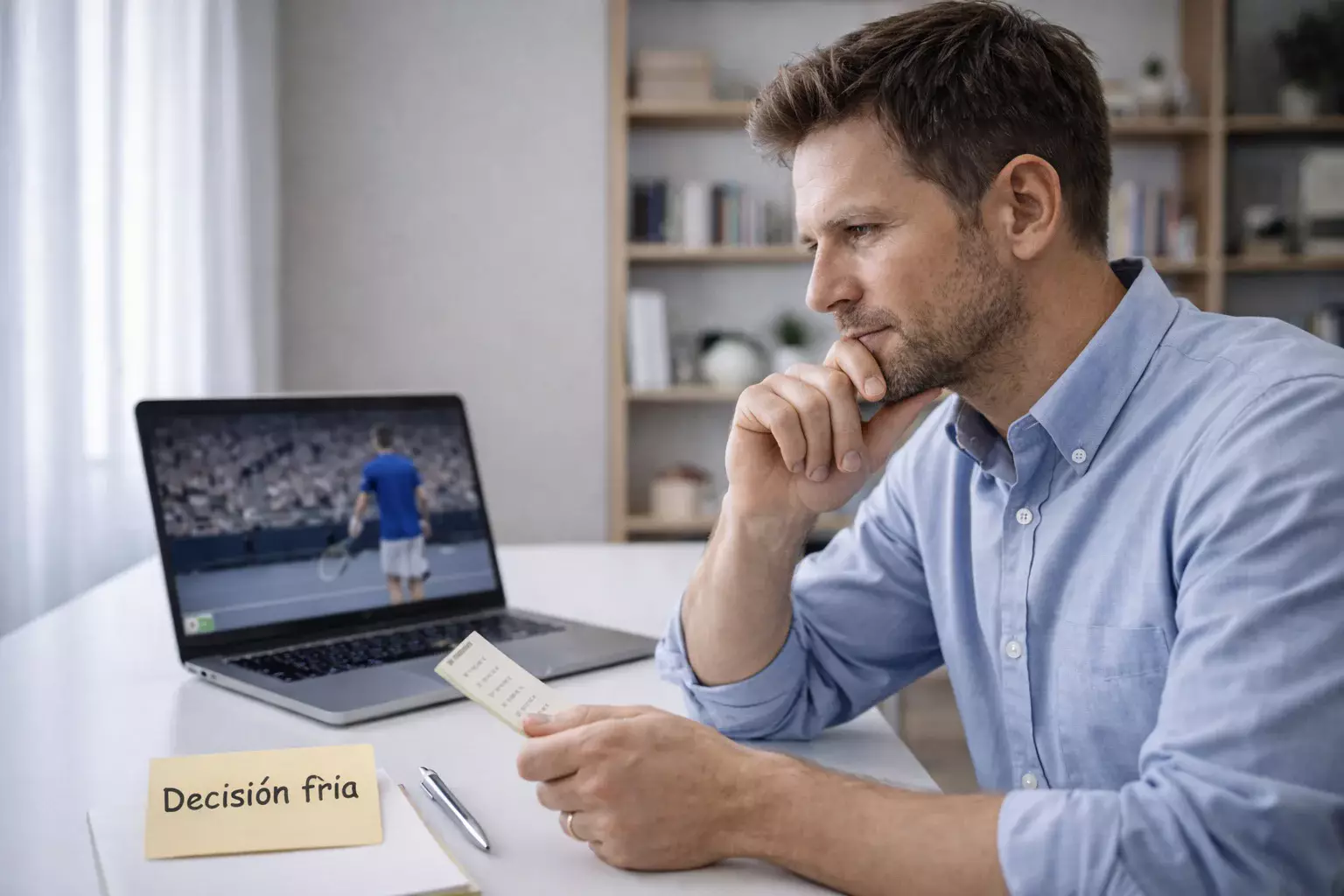 Persona pensativa tomando decisión calmada frente a pantalla