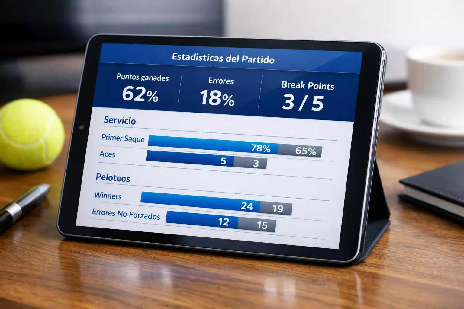 Pantalla mostrando estadísticas simples de partido de tenis