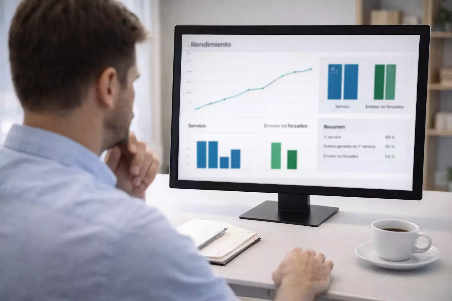 Analista revisando estadísticas de tenis y datos de rendimiento de jugadores