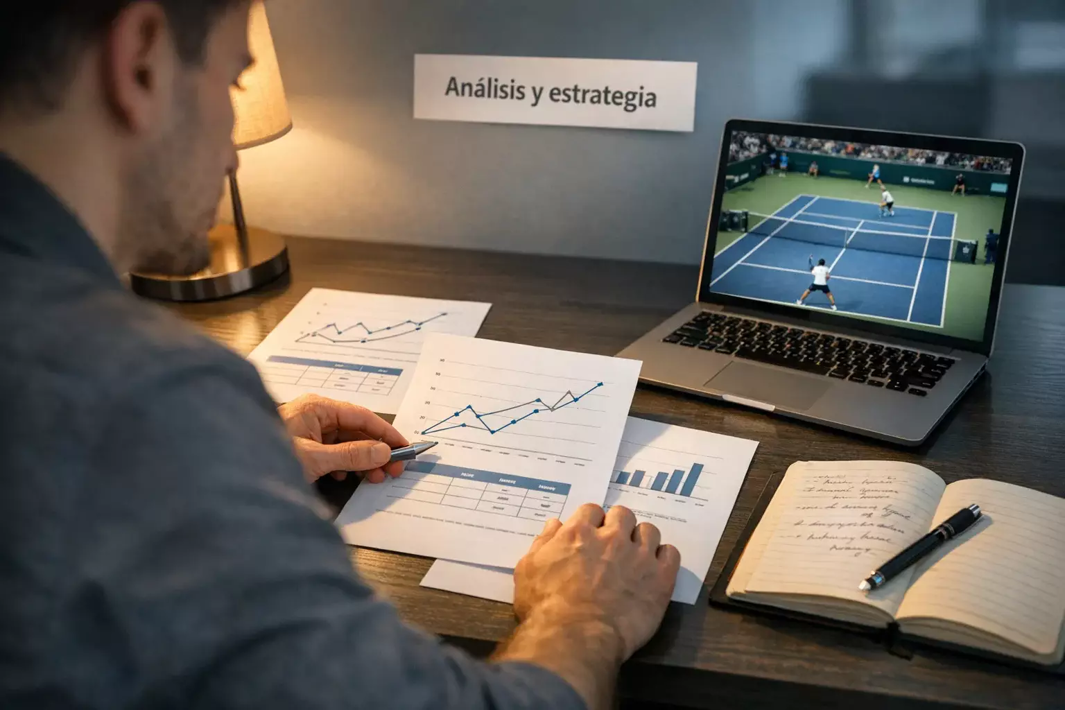 Analista estudiando estadísticas de tenis con documentos y pantalla