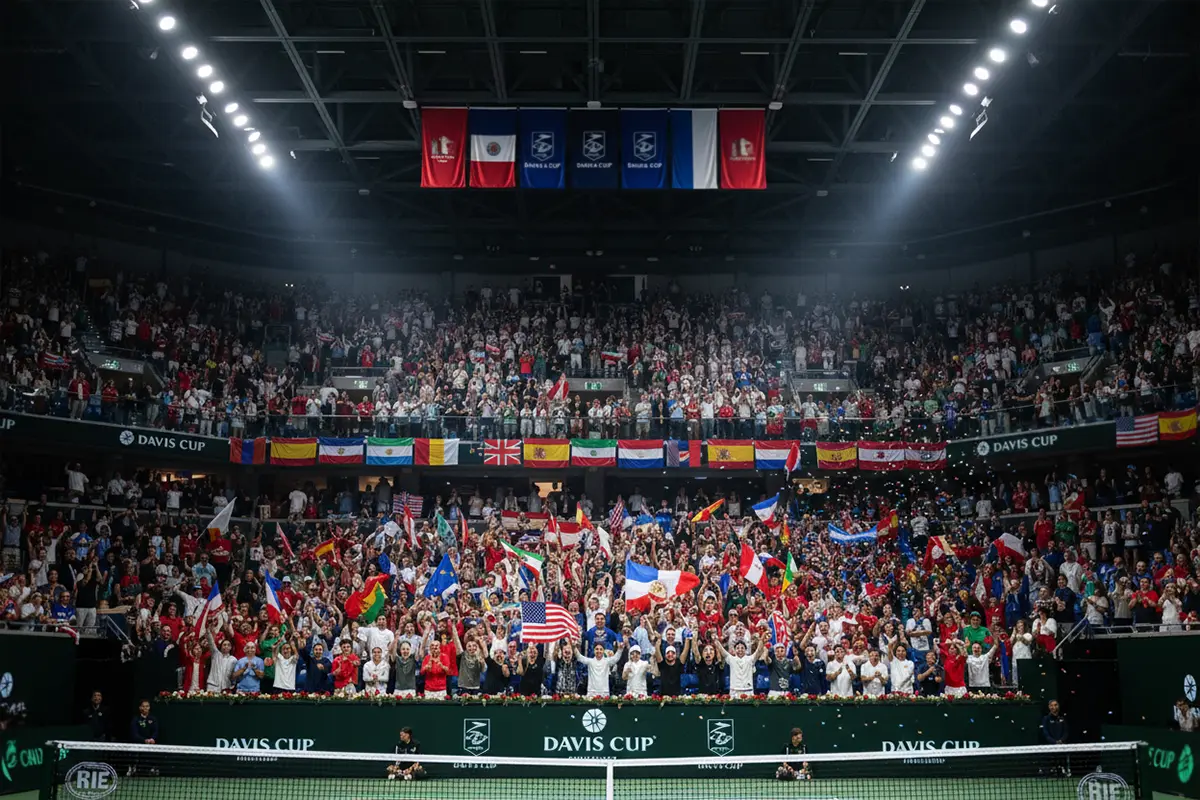 Público animando con banderas nacionales en una eliminatoria de Copa Davis