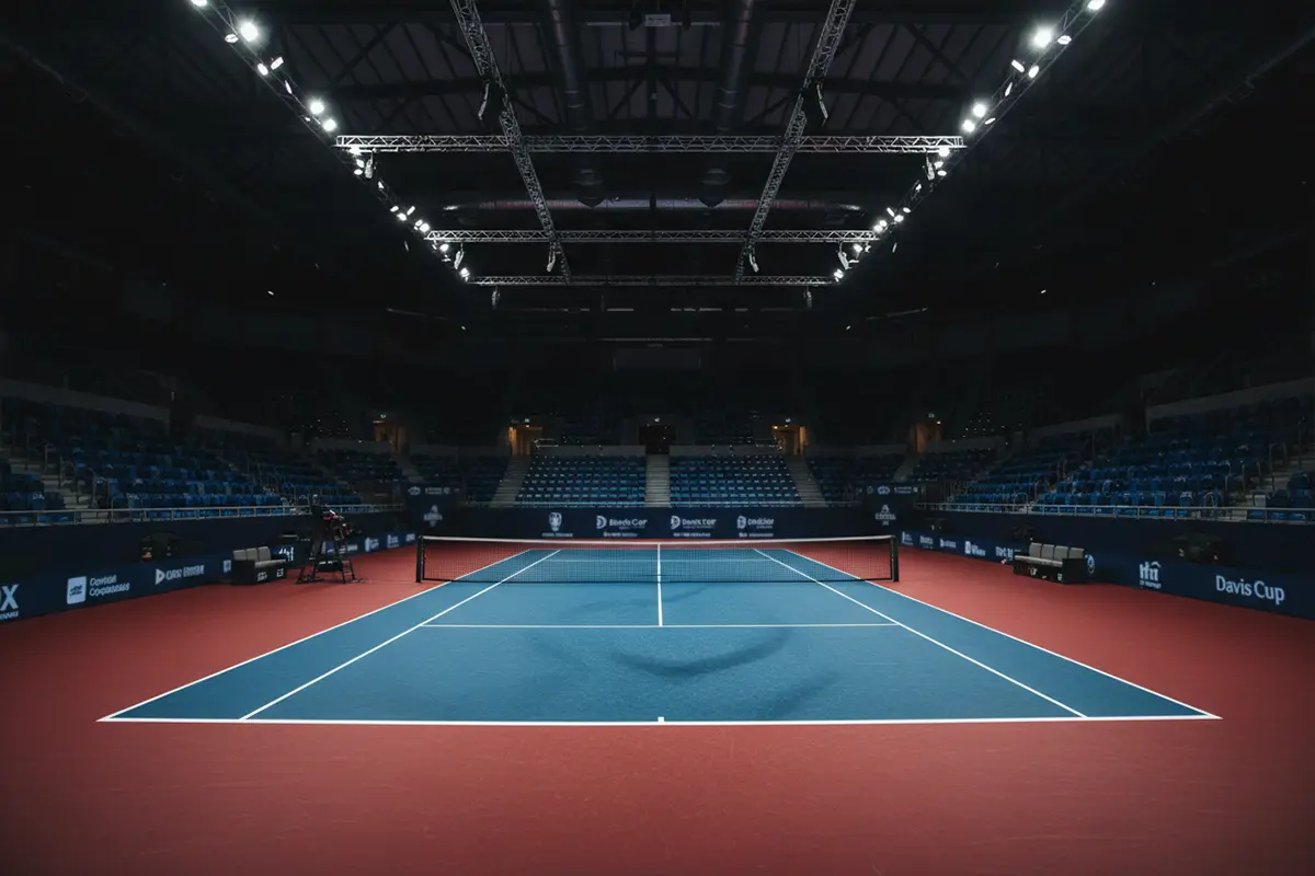 Pista de tenis con red y líneas durante un partido de Copa Davis