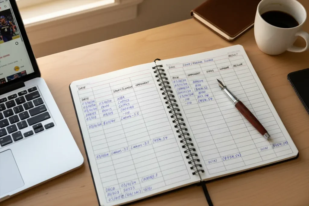 Cuaderno con registro de apuestas y un bolígrafo sobre una mesa de escritorio