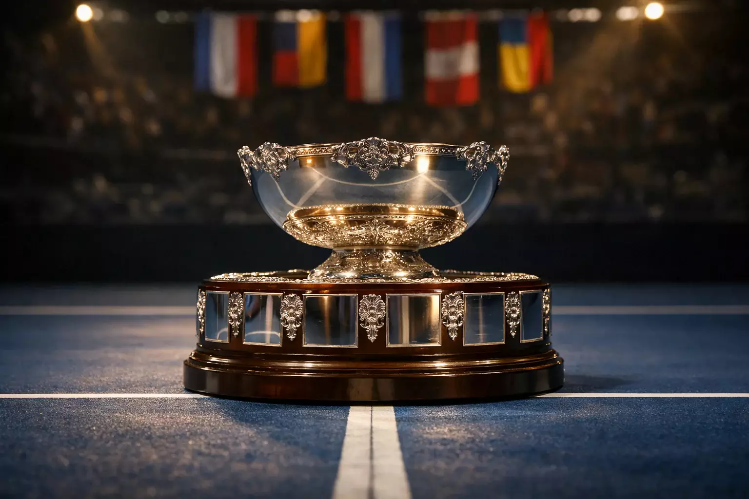 Trofeo Copa Davis con banderas de países participantes en pista de tenis