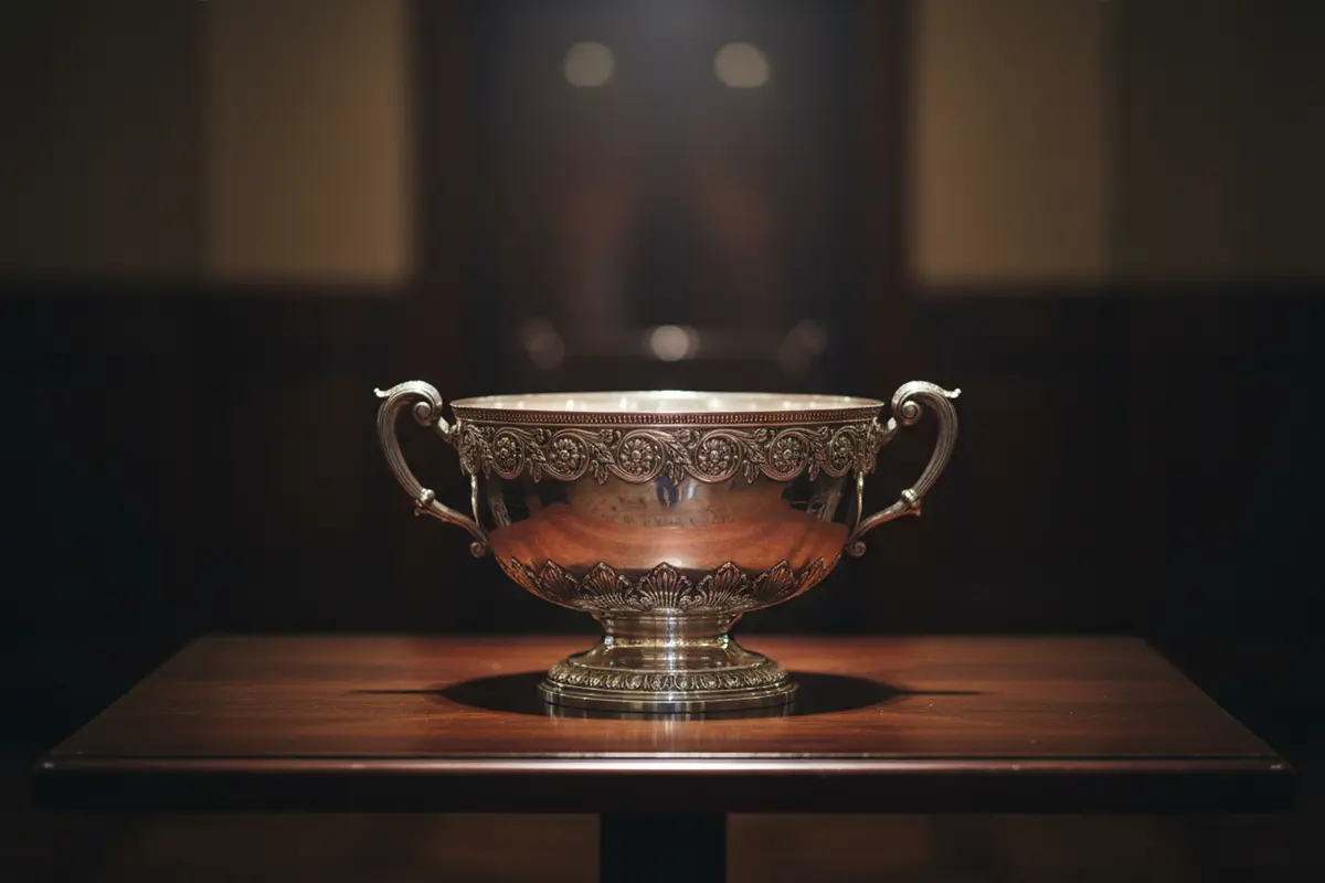 Trofeo de la Copa Davis, la Ensaladera de Plata, sobre una mesa