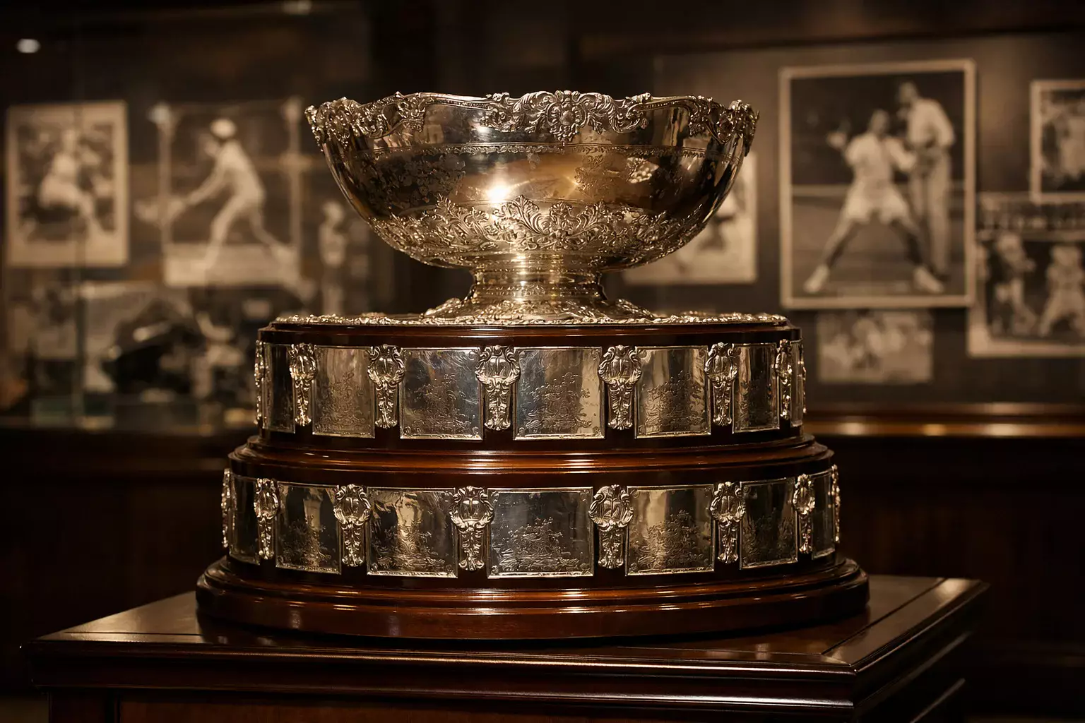 Ensaladera de Plata histórica de la Copa Davis sobre pedestal