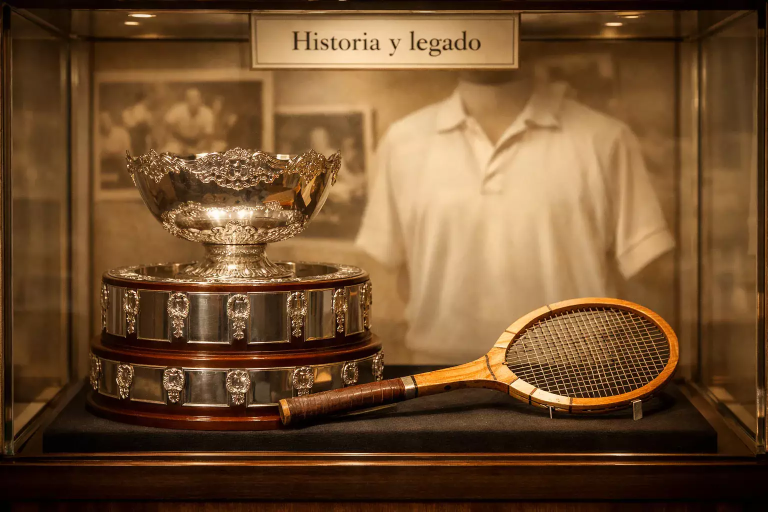 Trofeo histórico de Copa Davis junto a raqueta de tenis clásica