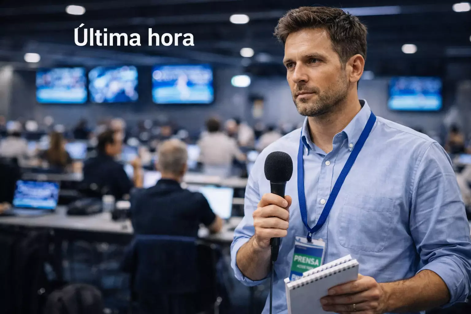 Periodista con acreditación entrevistando en zona de prensa de tenis