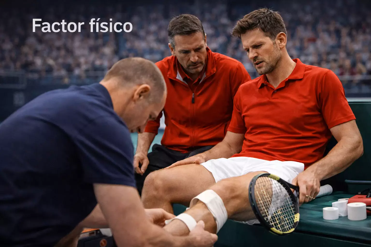 Fisioterapeuta tratando lesión de tenista durante partido
