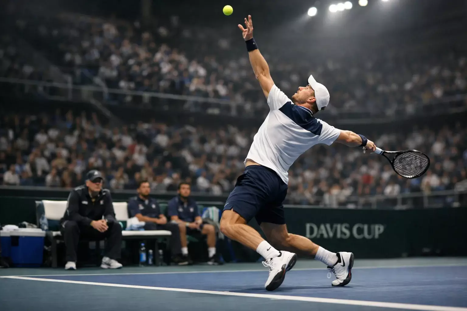 Partido de tenis individual en Copa Davis con público animando