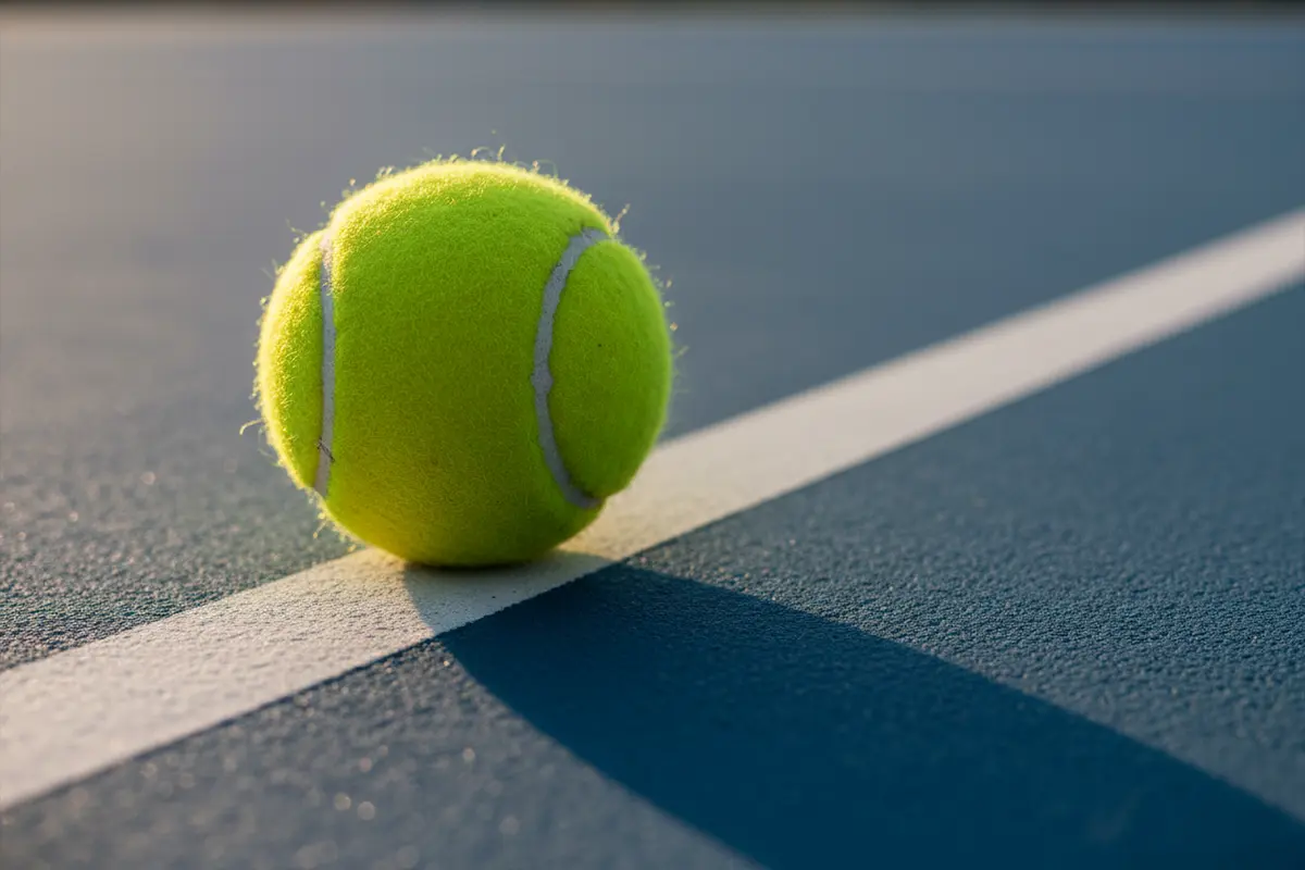 Primer plano de una pelota de tenis sobre la línea de una pista dura
