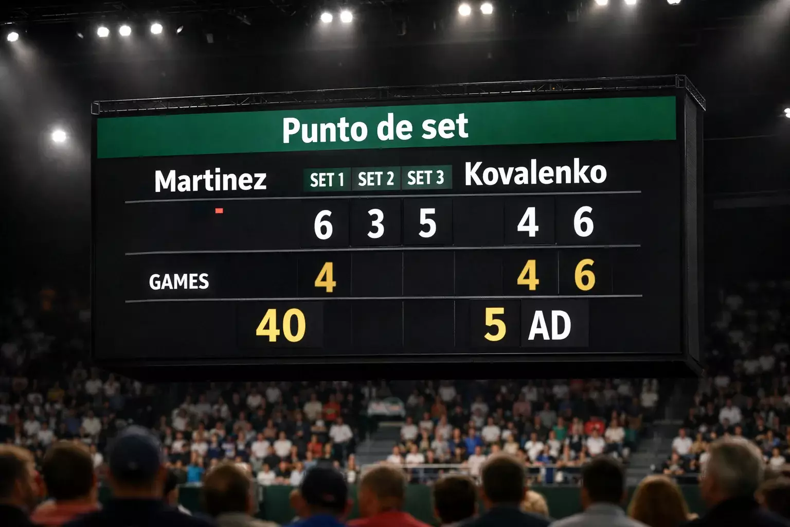 Marcador electrónico de tenis mostrando set point en partido cerrado