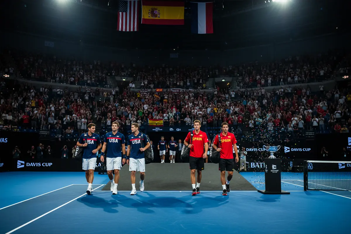 Jugadores de tenis entrando a la pista para una eliminatoria de Copa Davis