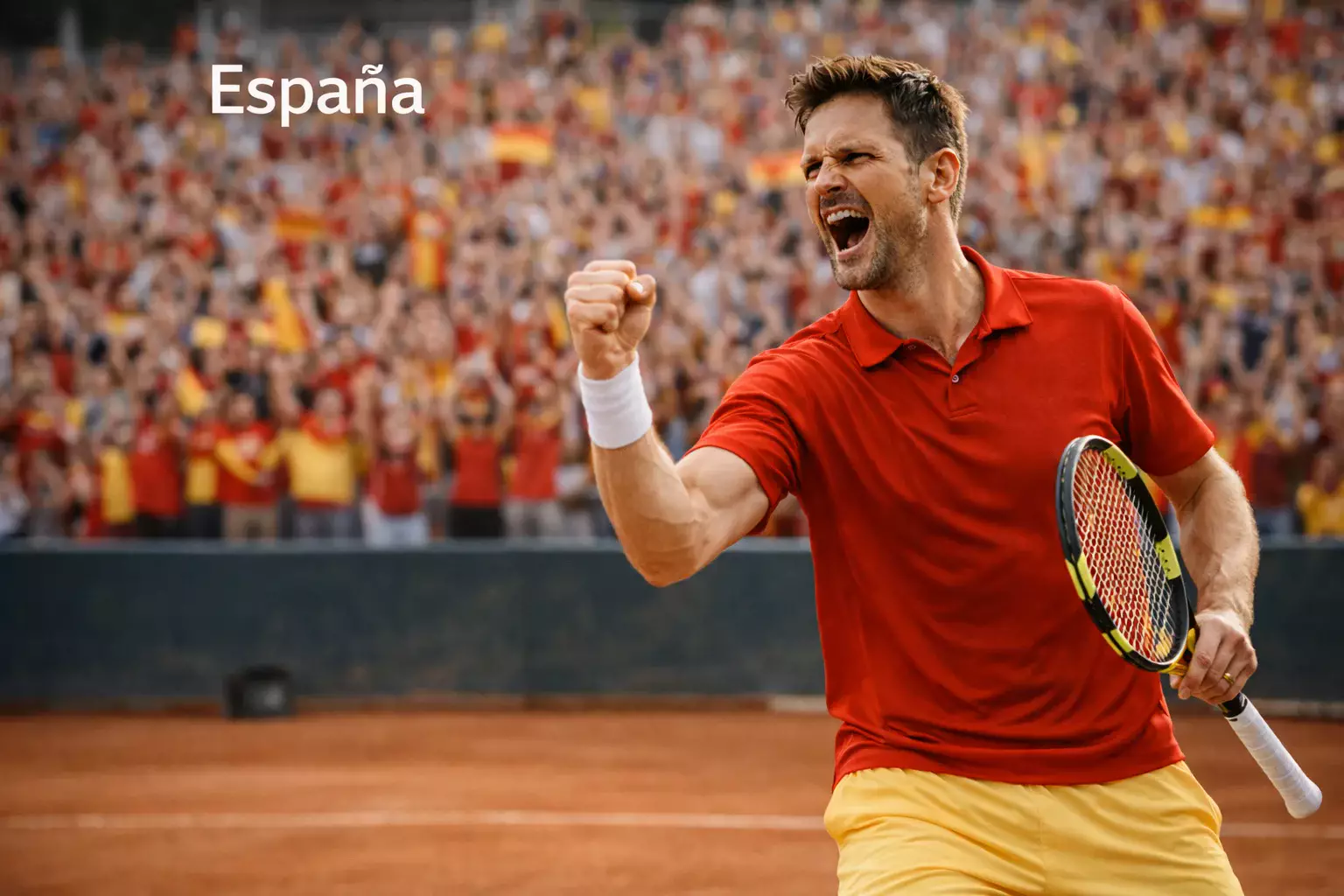 Tenista español celebrando punto con público animando