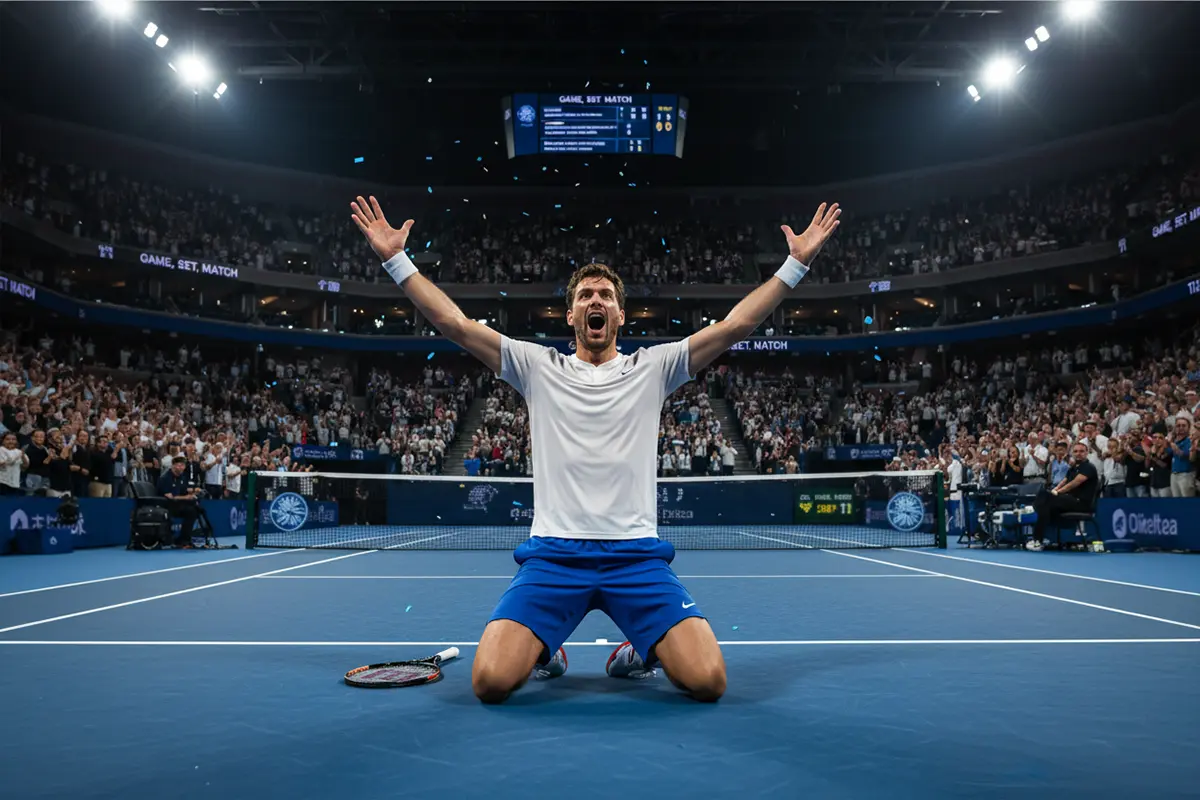 Jugador de tenis sorprendiendo al público con una celebración intensa en Copa Davis
