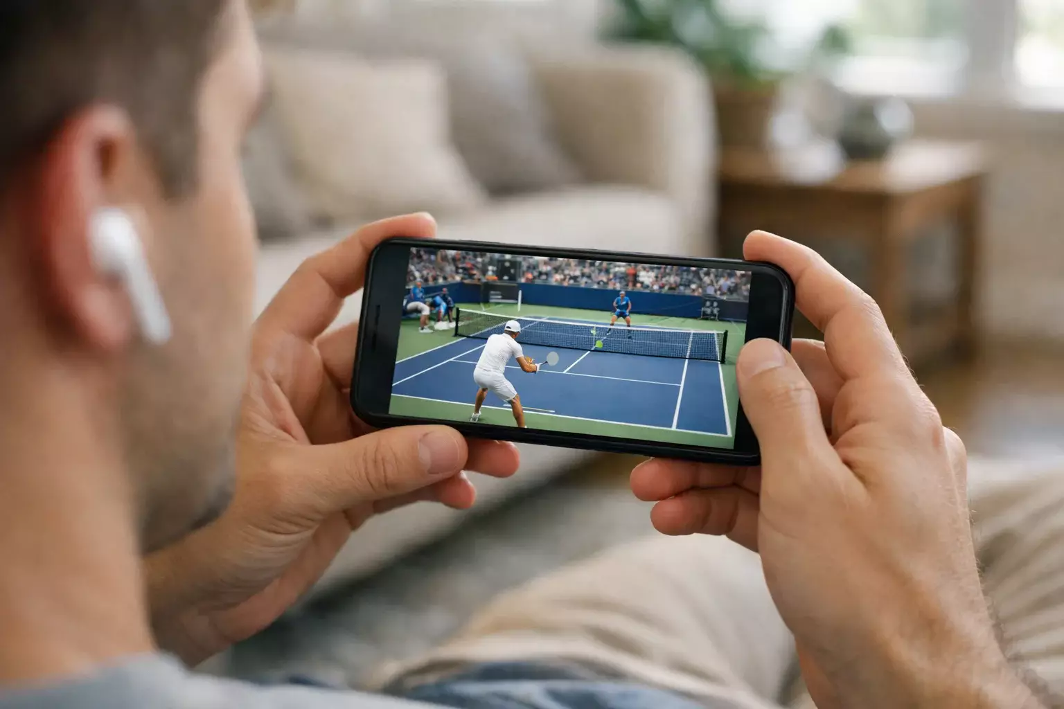 Persona viendo partido de tenis en dispositivo móvil con auriculares