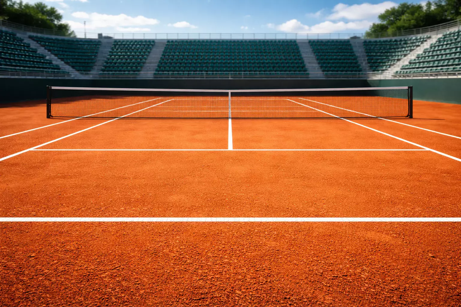 Pista de tierra batida con líneas marcadas para partido de tenis
